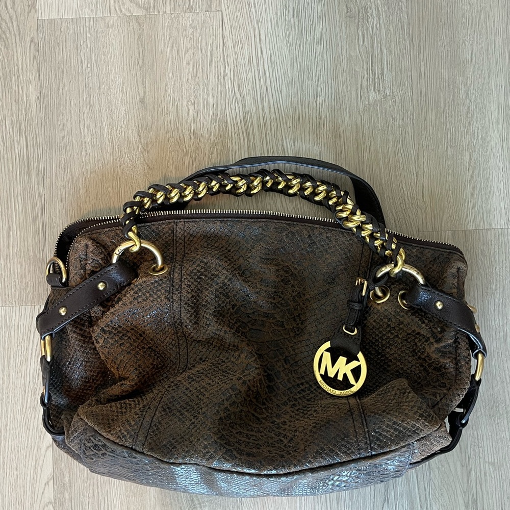 Michael Kors Dark Brown Textured Leather Shoulder Bag with Gold Chain
